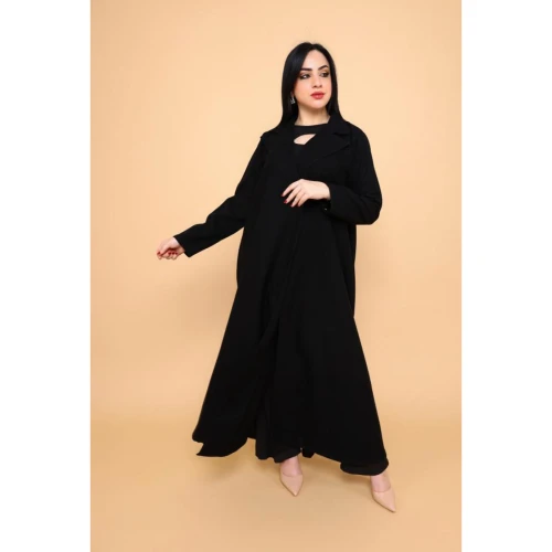 عباية بكسرات بليسيه من الخلف مع ياقة قلاب - حرير - أسود -01-019