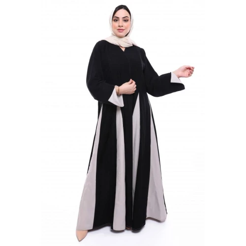 عباية كريب باربي بتدخيلة ملونة للنساء - أسود وبيج