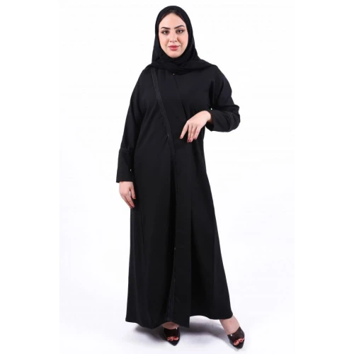 عباية كلفه بتطريز ناعم الكم مع أطراف من الامام للنساء - أسود