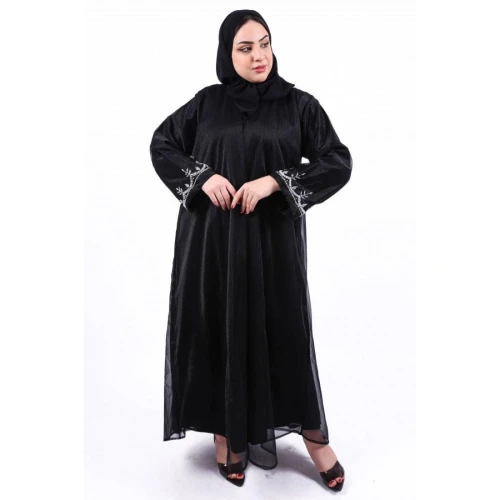 عباية تول كامل مبطن مع شك يدوي على الأكمام للنساء - أسود