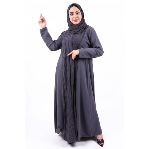 عباية كتان مخططة من الأمام والخلف للنساء - رمادي
