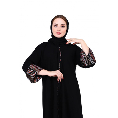 عباية حرير بأكمام مقلمة مع ياقة قيطان ناعمة للنساء - أسود