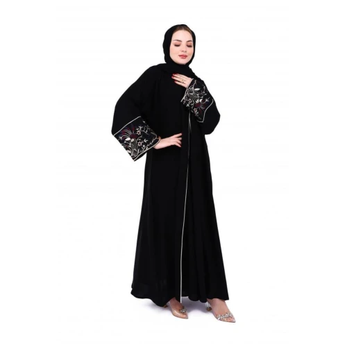 عباية بأكمام مربع مطرزة بياقة قيطان ناعمة للنساء - أسود