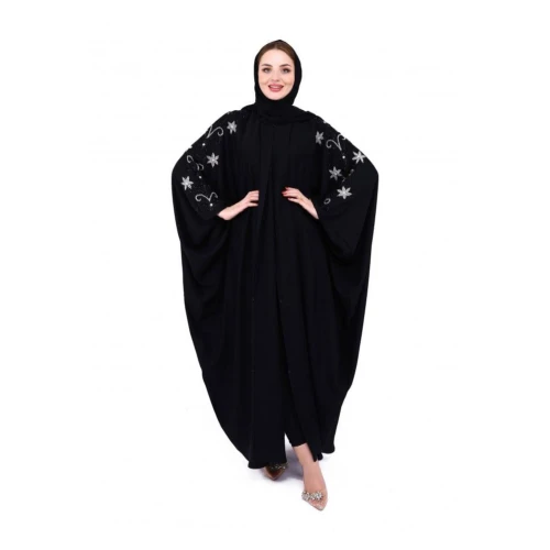 عباية بشت مع شك يدوي بيج على الأكتاف للنساء - أسود