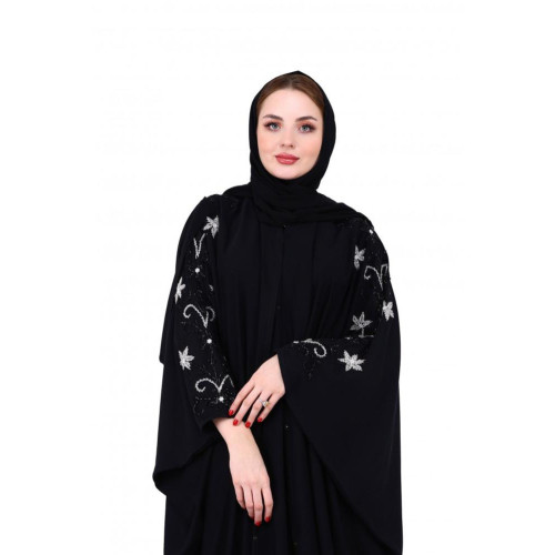عباية بشت مع شك يدوي بيج على الأكتاف للنساء - أسود