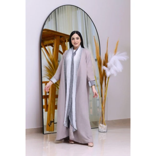 عباية كتان مع تصميم شال وأكمام ملونة للنساء - رمادي