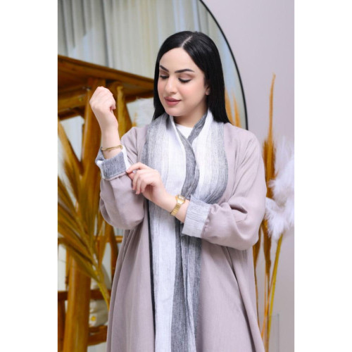عباية كتان مع تصميم شال وأكمام ملونة للنساء - رمادي