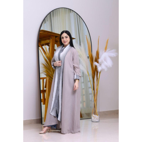 عباية كتان مع تصميم شال وأكمام ملونة للنساء - رمادي