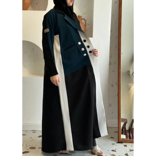 عباية سارة كريب بأزرار وجيوب للنساء - تركواز وبيج