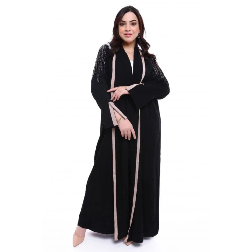 عباية شك ملون مع قيطان ناعم للكم والياقة للنساء - أسود