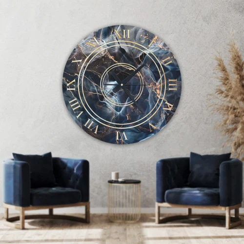 ساعة حائط دائرية بتصميم رخامي - 50x50 سم - نيلي وذهبي - hs-cnc-4
