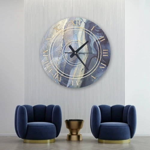 ساعة حائط دائرية بتصميم رخامي - 50x50 سم - أزرق وذهبي - hs-cnc-40