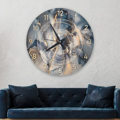 ساعة حائط دائرية بتصميم رخامي - 50x50 سم - أزرق وذهبي - hs-cnc-44