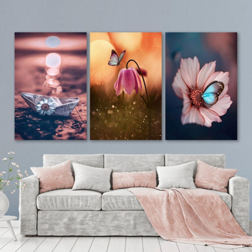 لوحة حائط أزهار وفراشات - خشب ام دي اف - 120x60 سم - PH 72