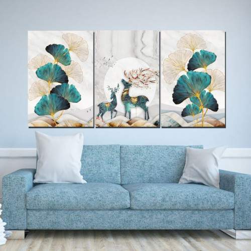 لوحة حائط غزلان مع الطبيعة ثلاث ثطع - خشب ام دي اف - 120x60 سم - PH 303