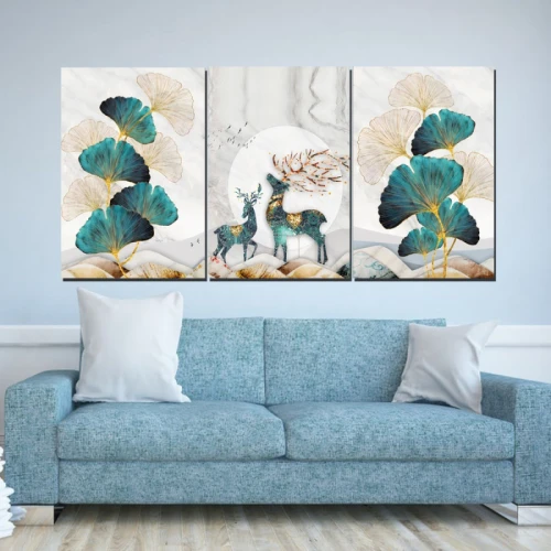 لوحة حائط غزلان مع الطبيعة ثلاث ثطع - خشب ام دي اف - 120x60 سم - PH 303