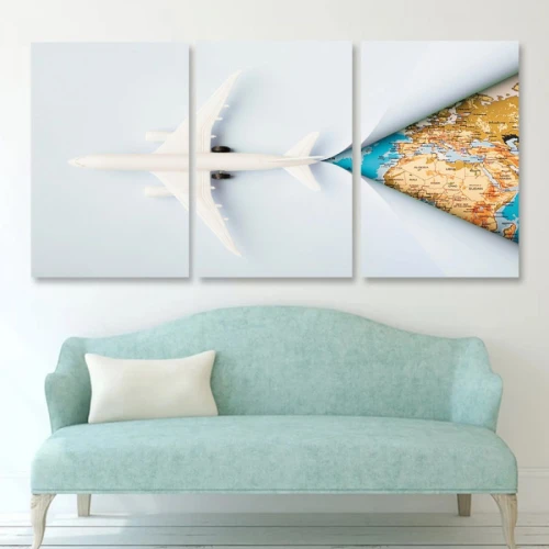لوحة حائط طائرة حول العالم ثلاث ثطع - خشب ام دي اف - 120x60 سم - PH 307