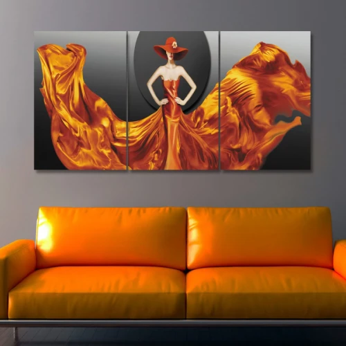 لوحة حائط الأميرة ذات الفستان البرتقالي ثلاث ثطع - خشب ام دي اف - 120x60 سم - PH 310