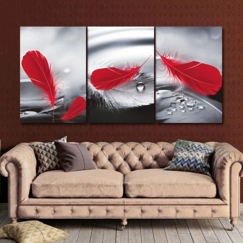 لوحة حائط الريشة الحمراء ثلاث ثطع - خشب ام دي اف - 120x60 سم - PH 313