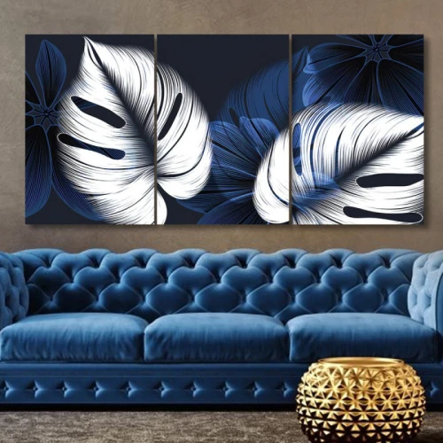 لوحة حائط أوراق بيضاء وزرقاء ثلاث ثطع - خشب ام دي اف - 120x60 سم - PH 317