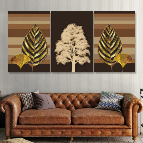 لوحة حائط شجرة وأوراق النباتات ثلاث ثطع - خشب ام دي اف - 120x60 سم - PH 320