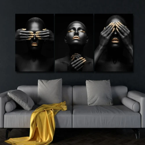 لوحة حائط امرأة من الأسود والذهبي ثلاث ثطع - خشب ام دي اف - 120x60 سم - PH 327