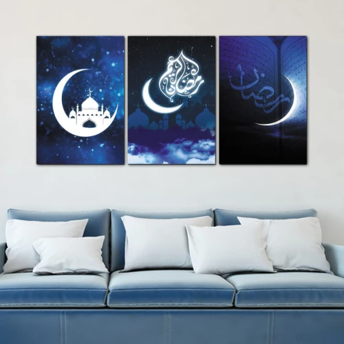 لوحة جدارية فنية بتصميم إسلامي لرمضان - 3 قطع - 120x60 سم - أزرق وأبيض