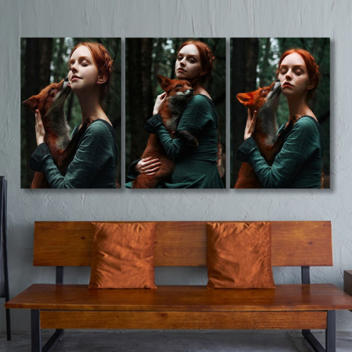 لوحة حائط خشبية امرأة مع ثعلب - 120x60 سم - خشب ام دي اف - PH 127