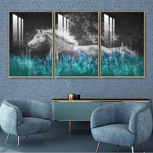 لوحة جدارية بتصميم حصان رمادي مع عشب - 3 قطع - 150x70 سم - رمادي وأخضر