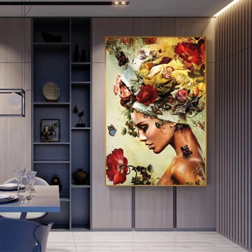 لوحة قماشية بامرأة مع تصميم ربيعي مع برواز - 120x80 سم