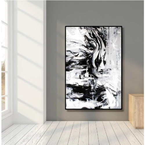 لوحة حائط قماشية رسمة وجه بالأبيض الأسود - 120x80 سم - v-95-ca