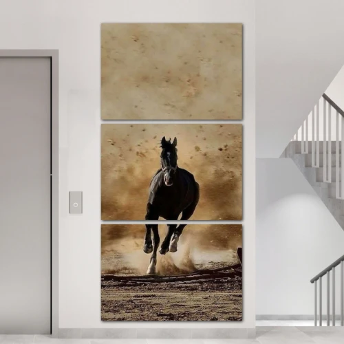 لوحة جدارية لحصان أسود - 3 قطع - 120x60 سم