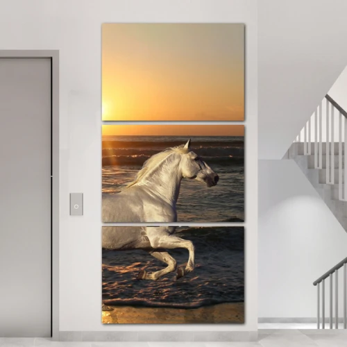 لوحة جدارية لحصان أبيض على الشاطئ عند الغروب - 3 قطع - 120x60 سم