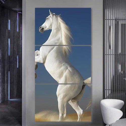 لوحة جدارية أنيقة لحصان أبيض - 3 قطع - 120x60 سم