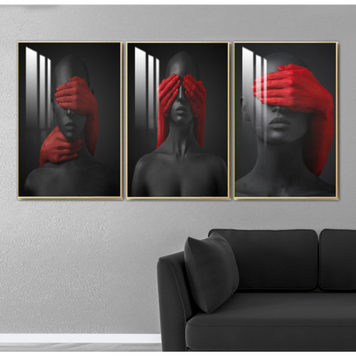 رسمة فنية للفتاة و أيدي - أحمر وفضي - 3 قطع