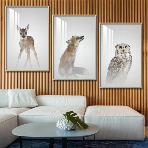 لوحة جدارية بتصميم حيوانات برية - 3 قطع - أبيض وبيج