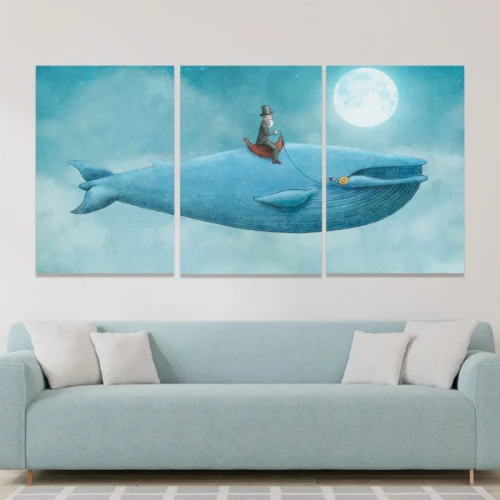 لوحة حائط الحوت ثلاث ثطع - خشب ام دي اف - 120x60 سم - lp3-492