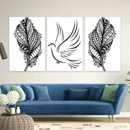 لوحة حائط الطائر وأوراق النباتات ثلاث ثطع - خشب ام دي اف - 120x60 سم - lp3-510
