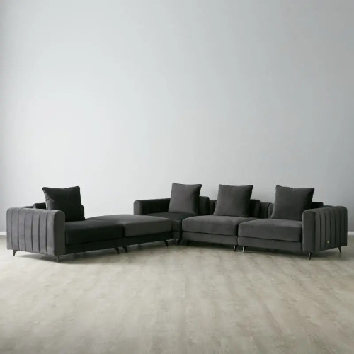 أريكة ألهوم شيك كتان بيج على شكل حرف L، مقاس 90x250x170x45 سم، خشب سويدي