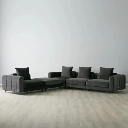أريكة ألهوم شيك كتان بيج على شكل حرف L، مقاس 90x250x170x45 سم، خشب سويدي