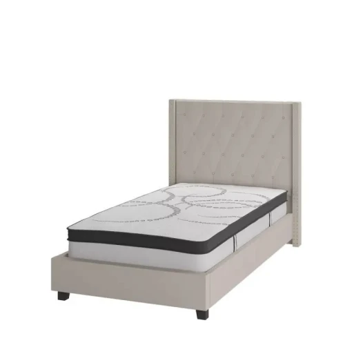 Alhome Beige Tranquility: سرير فردي من الخشب السويدي مع قماش الكتان، اللون بيج، الأبعاد 120x200x140