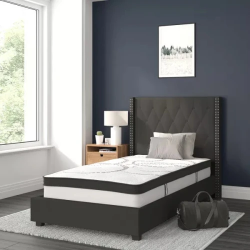 Alhome Dark Gray Harmony: سرير مفرد من الخشب السويدي مع قماش الكتان، اللون رمادي غامق، الأبعاد 120x200x140
