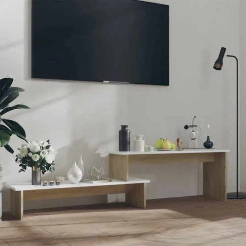 طاولة تلفزيون Alhome باللونين الأبيض والبيج: مركز ترفيهي أنيق وواسع من الخشب المضغوط