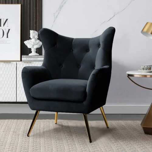 كرسي Alhome Luxe باللون الأسود المخملي مع الخشب السويدي