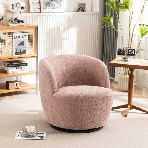 كرسي Alhome Pink Boucle Accent مع الخشب السويدي