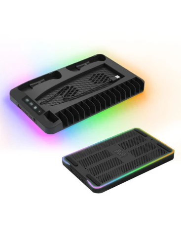 محطة مروحة تبريد بحامل عمودي RGB PS5, حامل تبريد عمودي PS5 مع وحدة تحكم شاحن سماعة رأس وحامل تخزين علبة قرص اللعبة