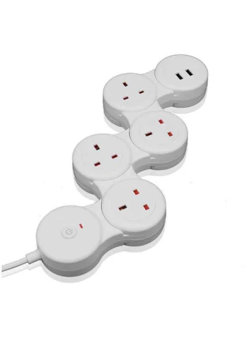 سلك تمديد لقطاع الطاقة البريطاني قابل للتعديل بـ 4 منافذ مع منفذي USB بطول 1.8 متر باللون الأبيض