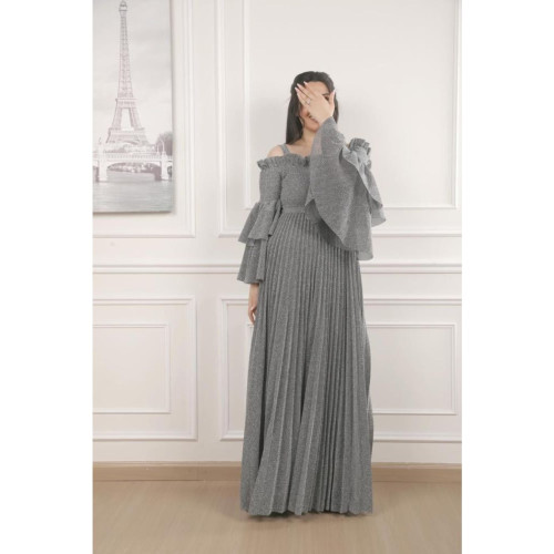 فستان سهره لمعه لاميه بليسيه أوف شولدر وأكمام طبقات