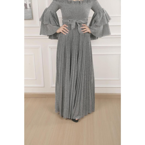 فستان سهره لمعه لاميه بليسيه أوف شولدر وأكمام طبقات