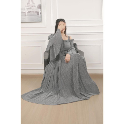 فستان سهره لمعه لاميه بليسيه أوف شولدر وأكمام طبقات